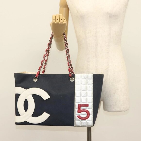 CHANEL Choco Bar Line Chain Tote Bag Canvas Navy Silver CC Auth - Picture 1 of 16